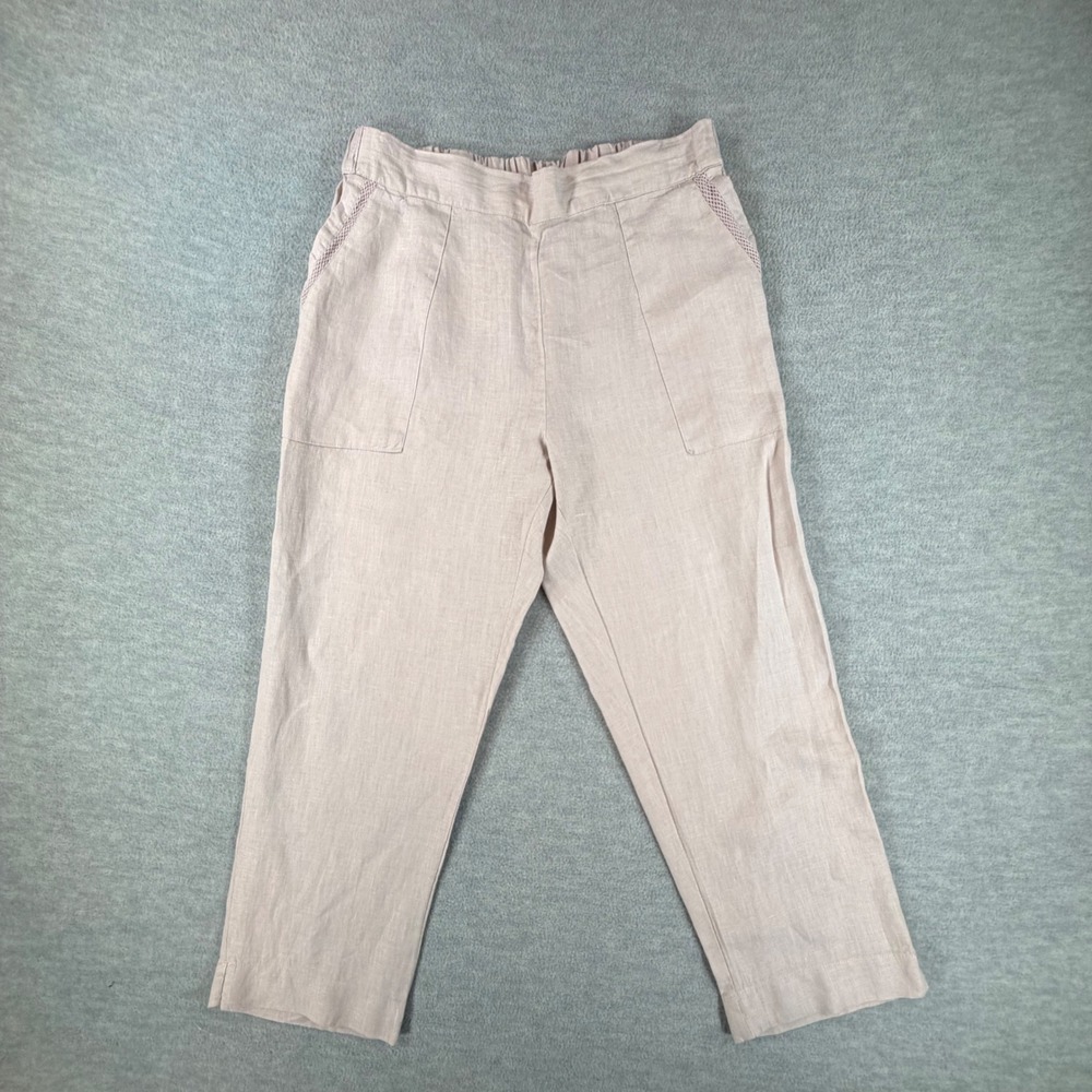 Symple NYC Linen Pants M Tan Crochet Trim‎ Elastic Waist Trousers Lagenlook Boho